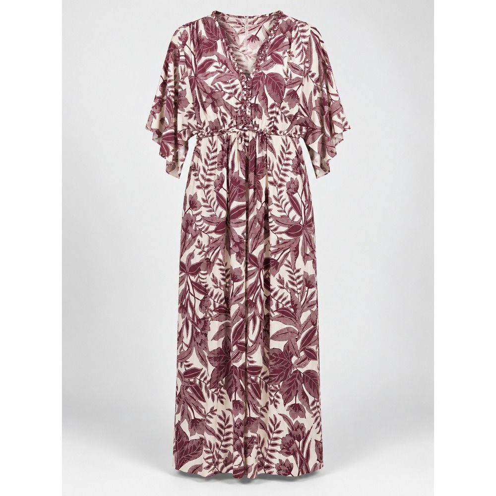 Soma Maxi Dress Large Burgundy Cream Tropical Floral Built In Bra Braided Trim